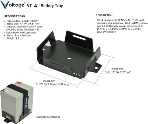 صينية البطارية الصغيرة لبطاريات 12V 4AH ، 12V 5AH ، SLA ، AGM أو Lithium LifePO4 وأكثر من ذلك. تركيب البطارية مع عقد أسفل حزام VT-4 in Kuwait