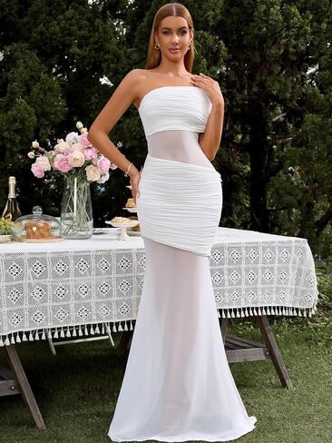 Off Shoulder Bodycon Formal Wedding Guest Maxi Dress Mesh Patchwork Cocktail Dresses for Women 2025 Elegant Classy in Kuwait