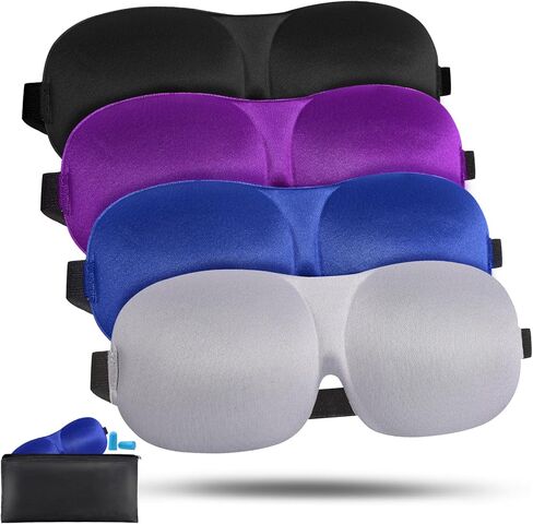 4 Pack Sleep Mask for Women and Men Adjustable Blackout 3D Eye Masks for Sleep, Blindfold with Storage Bag and Earplug for Travel Nap and Night (Black, Purple, Blue, Gray) in Saudi Arabia