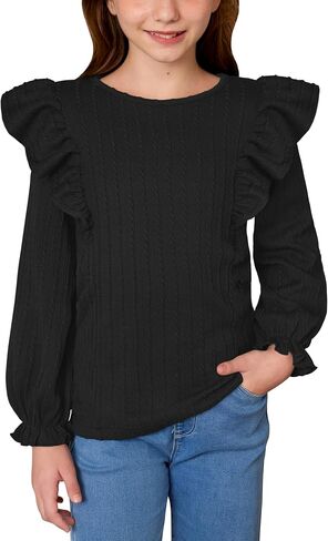 Girls Long Sleeve Ribbed Shirt Fall Flutter Sleeve Tops Trendy Casual Knit Blouses 6-14 Years in Saudi Arabia
