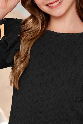 Girls Long Sleeve Ribbed Shirt Fall Flutter Sleeve Tops Trendy Casual Knit Blouses 6-14 Years in Saudi Arabia