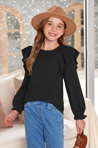 Girls Long Sleeve Ribbed Shirt Fall Flutter Sleeve Tops Trendy Casual Knit Blouses 6-14 Years in Saudi Arabia