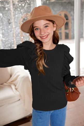 Girls Long Sleeve Ribbed Shirt Fall Flutter Sleeve Tops Trendy Casual Knit Blouses 6-14 Years in Saudi Arabia