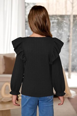 Girls Long Sleeve Ribbed Shirt Fall Flutter Sleeve Tops Trendy Casual Knit Blouses 6-14 Years in Saudi Arabia