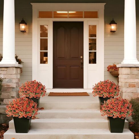 Artificial Flowers for Outdoor Fall Decoration-Faux Flower Petunia with Eucalyptus Fake Plants Boxwood for Front Door Planter Home Garden Porch Patio Thanksgiving Autumn Decor-12 Bundles (Orange) in Kuwait