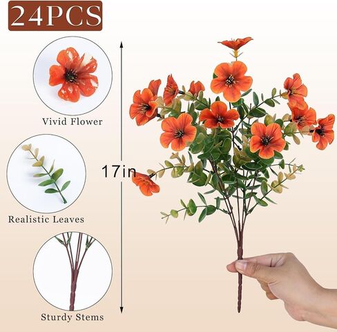 Artificial Flowers for Outdoor Fall Decoration-Faux Flower Petunia with Eucalyptus Fake Plants Boxwood for Front Door Planter Home Garden Porch Patio Thanksgiving Autumn Decor-12 Bundles (Orange) in Kuwait