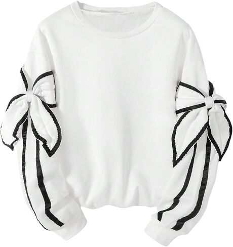 Oyoangle Girl's Bow Sweatshirts y2k مخططة تقليم طويل الأكمام طاقم Crewneck swefshirt in Saudi Arabia