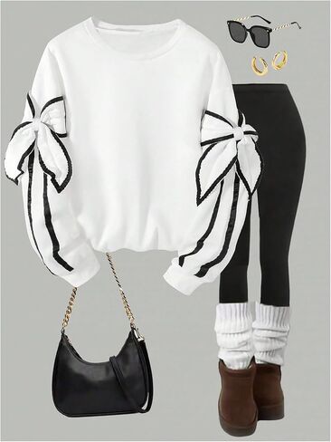 Oyoangle Girl's Bow Sweatshirts y2k مخططة تقليم طويل الأكمام طاقم Crewneck swefshirt in Saudi Arabia