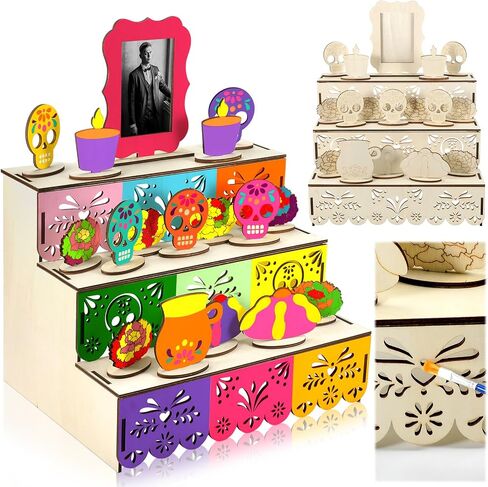 Geelin Dia De Los Muertos Altar Ofrenda Wooden Box with Painting Set DIY Wooden Day of Dead Decorations with Photo Frame Remembrance Memory Shadow Box for Home Halloween Party Gifts(Classic) in Saudi Arabia