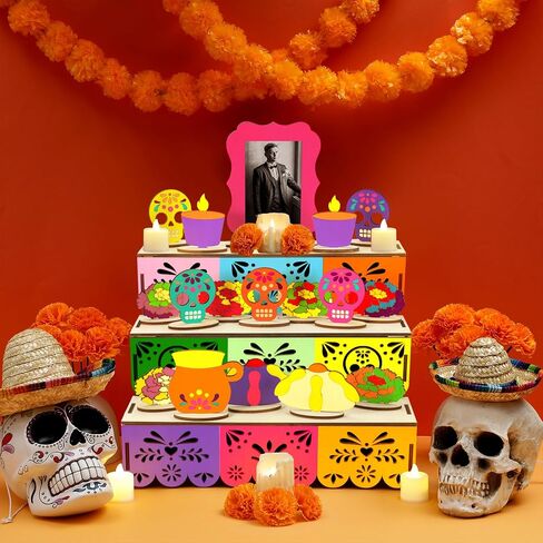 Geelin Dia De Los Muertos Altar Ofrenda Wooden Box with Painting Set DIY Wooden Day of Dead Decorations with Photo Frame Remembrance Memory Shadow Box for Home Halloween Party Gifts(Classic) in Saudi Arabia