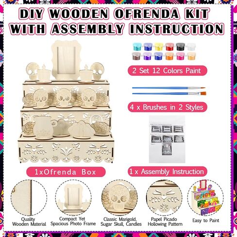 Geelin Dia De Los Muertos Altar Ofrenda Wooden Box with Painting Set DIY Wooden Day of Dead Decorations with Photo Frame Remembrance Memory Shadow Box for Home Halloween Party Gifts(Classic) in Saudi Arabia