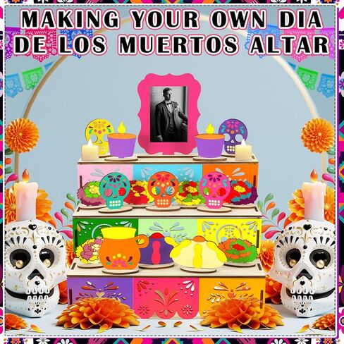 Geelin Dia De Los Muertos Altar Ofrenda Wooden Box with Painting Set DIY Wooden Day of Dead Decorations with Photo Frame Remembrance Memory Shadow Box for Home Halloween Party Gifts(Classic) in Saudi Arabia