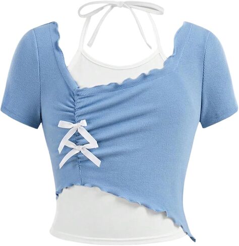 الفتاة رسن المحاصيل قمم Colorblock Bowknot مزيفة من قطعتين لطيفين صيف T Shirt Y2K TOPS TRENDY in Kuwait