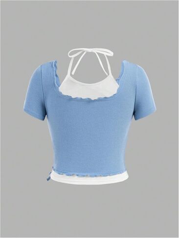 الفتاة رسن المحاصيل قمم Colorblock Bowknot مزيفة من قطعتين لطيفين صيف T Shirt Y2K TOPS TRENDY in Kuwait
