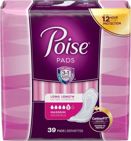 Poise Incontinence Pads, Maximum Absorbency, Long, (Packaging May Vary) 39 Count (Pack of 4) in Kuwait