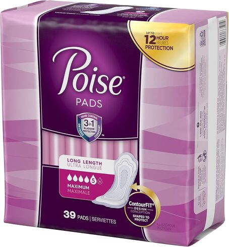 Poise Incontinence Pads, Maximum Absorbency, Long, (Packaging May Vary) 39 Count (Pack of 4) in Kuwait