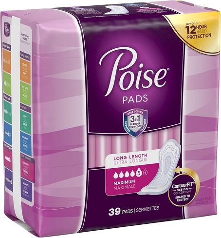 Poise Incontinence Pads, Maximum Absorbency, Long, (Packaging May Vary) 39 Count (Pack of 4) in Kuwait