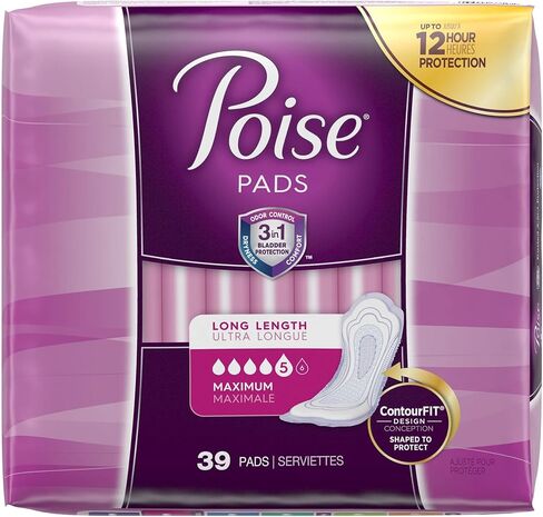 Poise Incontinence Pads, Maximum Absorbency, Long, (Packaging May Vary) 39 Count (Pack of 4) in Kuwait