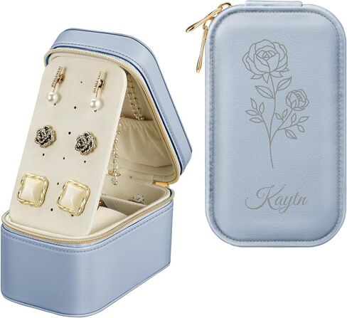 Fintie Personalized Travel Jewelry Box with Name & Birth Flower Month - Custom PU Leather Jewelry Organizer Storage Case for Rings Earrings Necklaces Watch, Gift for Women Girls (Pearl White) in Saudi Arabia