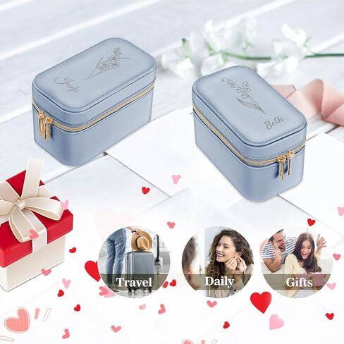 Fintie Personalized Travel Jewelry Box with Name & Birth Flower Month - Custom PU Leather Jewelry Organizer Storage Case for Rings Earrings Necklaces Watch, Gift for Women Girls (Pearl White) in Saudi Arabia