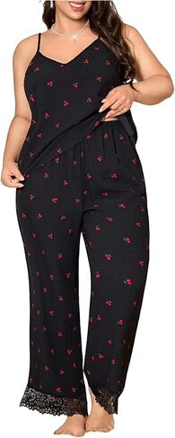 SHENHE Women's Plus Size Pajama Set Cherry Print Cami and Pants Lace Trim Sleepwear Lounge Set in Saudi Arabia