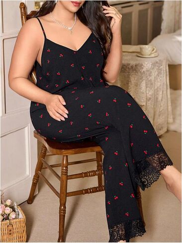 SHENHE Women's Plus Size Pajama Set Cherry Print Cami and Pants Lace Trim Sleepwear Lounge Set in Saudi Arabia