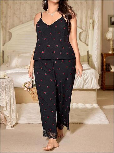 SHENHE Women's Plus Size Pajama Set Cherry Print Cami and Pants Lace Trim Sleepwear Lounge Set in Saudi Arabia