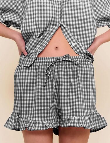 نساء غينغهام بيجاما مجموعة 2 قطعة قطن قصير الأكمام منقوشة كشكش PJS صالة قميص babydoll ملابس النوم in Saudi Arabia