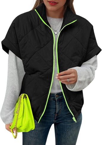 Tankaneo Womens Quilted Puffer Vests Lightweight Cap Sleeve Zip Up Cropped Vests Stand Collar Loose Fit Outerwear in Saudi Arabia