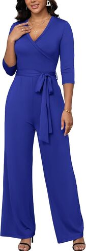 FANDEE Jumpsuit for Women|High Waisted Wide Leg Pant with Belt 3/4 Sleeve V Neck Casual Romper with Pocket in Saudi Arabia