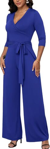 FANDEE Jumpsuit for Women|High Waisted Wide Leg Pant with Belt 3/4 Sleeve V Neck Casual Romper with Pocket in Saudi Arabia