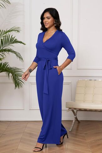 FANDEE Jumpsuit for Women|High Waisted Wide Leg Pant with Belt 3/4 Sleeve V Neck Casual Romper with Pocket in Saudi Arabia