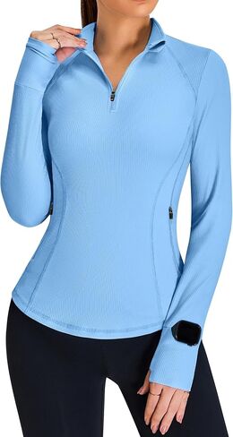 BMJL Womens Long Sleeve Tops Upf 50+ حماية من أشعة الشمس 1/4 قميص مضلع الرمز البريدي المشي لمسافات طويلة مع جيوب in Kuwait