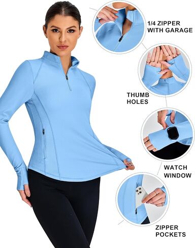 BMJL Womens Long Sleeve Tops Upf 50+ حماية من أشعة الشمس 1/4 قميص مضلع الرمز البريدي المشي لمسافات طويلة مع جيوب in Kuwait