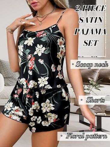Women's Silk Satin Matching Pajama Set, Floral Lightweight Cami Shorts 2 Piece Sleepwear Bridal Gifts in Saudi Arabia