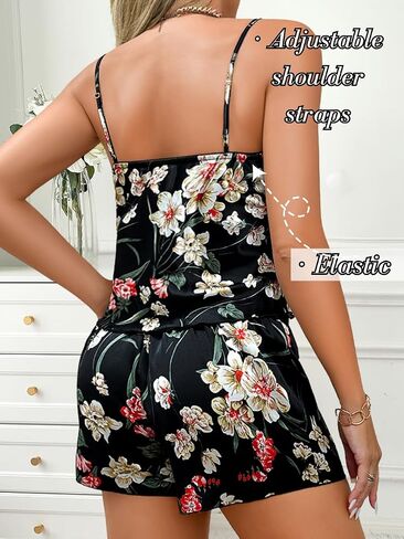 Women's Silk Satin Matching Pajama Set, Floral Lightweight Cami Shorts 2 Piece Sleepwear Bridal Gifts in Saudi Arabia