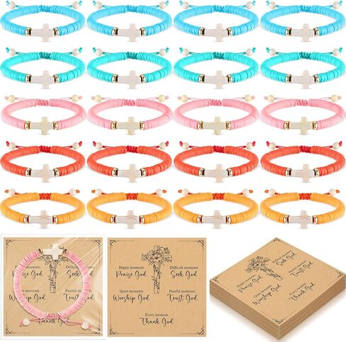 20 Sets Clay Beaded Cross Bracelet Bulk for Women Men Adjustable WWJD Christian Bracelet for Sunday School Halloween Gifts in Saudi Arabia
