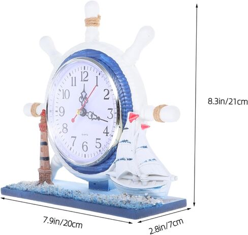 Mediterranean Nautical Table Clock with Silent Movement Wooden Lighthouse and Ship Wheel Design for Coastal Home Decor Antique Style Accent for Beach Themed Rooms in Saudi Arabia