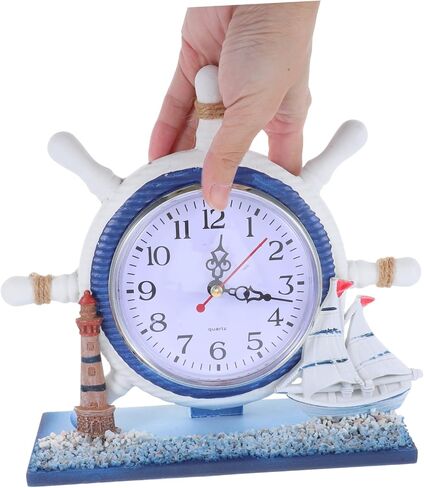 Mediterranean Nautical Table Clock with Silent Movement Wooden Lighthouse and Ship Wheel Design for Coastal Home Decor Antique Style Accent for Beach Themed Rooms in Saudi Arabia