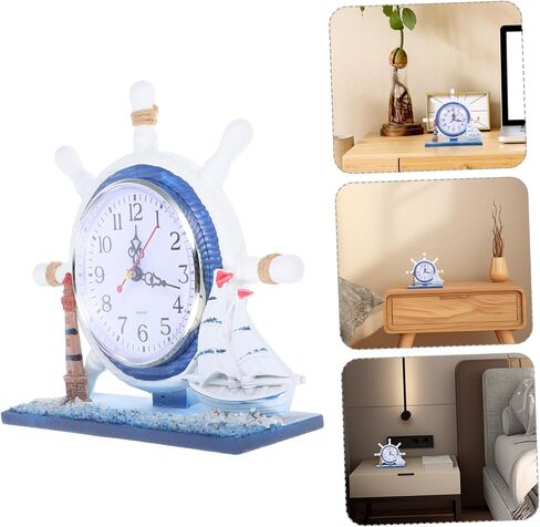 Mediterranean Nautical Table Clock with Silent Movement Wooden Lighthouse and Ship Wheel Design for Coastal Home Decor Antique Style Accent for Beach Themed Rooms in Saudi Arabia