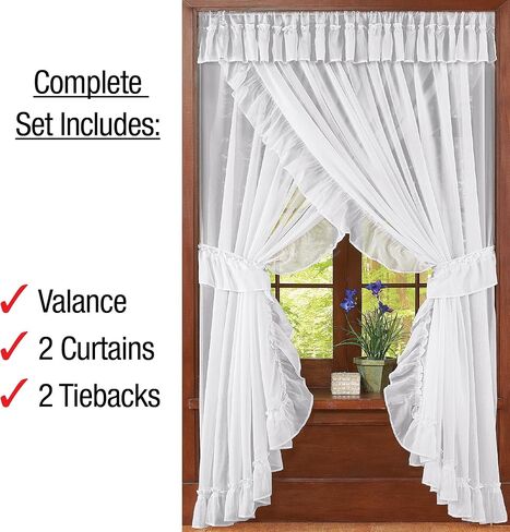 Collections Etc Isabella Ruffled Sheer Fabric Rod Pocket Window Curtain Set, Blue in Saudi Arabia