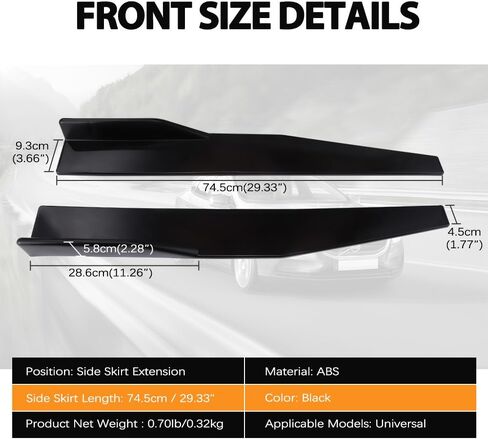 Universal Car Short Side Skirts 2PCS 29.33inch/74.5cm,Black Extension Splitter Lip Pair Side Skirt Body Kit Splitters Diffuser Fit Most Vehicles BMW Honda Civic (2pcs+Black, 29.33inch) in Saudi Arabia