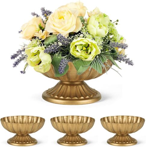 Set of 4, 7'' Wide 3.94'' High Distressed Gold Compote Pedestal Vases, Vintage Antique Urn Gold vases for Centerpieces, Metal Compote Bowl Vase for Wedding Centerpieces in Kuwait