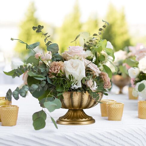 Set of 4, 7'' Wide 3.94'' High Distressed Gold Compote Pedestal Vases, Vintage Antique Urn Gold vases for Centerpieces, Metal Compote Bowl Vase for Wedding Centerpieces in Kuwait