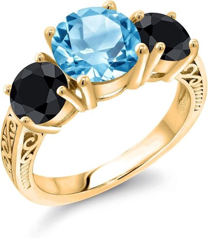 Gem Stone King 18K Yellow Gold Plated Silver Swiss Blue Topaz and Black Sapphire Engagement Ring For Women | 4.55 Cttw | Round 8MM | Gemstone November Birthstone | Available in Size 5,6,7,8,9 in Saudi Arabia