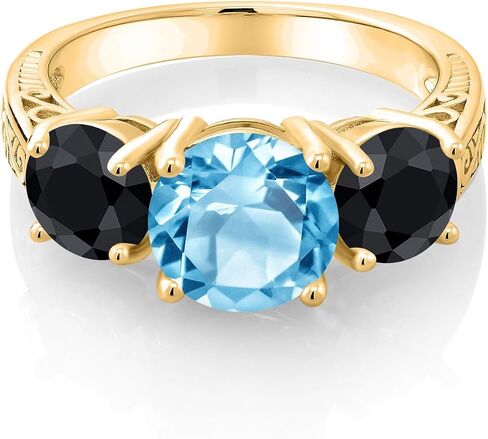 Gem Stone King 18K Yellow Gold Plated Silver Swiss Blue Topaz and Black Sapphire Engagement Ring For Women | 4.55 Cttw | Round 8MM | Gemstone November Birthstone | Available in Size 5,6,7,8,9 in Saudi Arabia