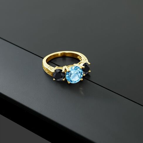 Gem Stone King 18K Yellow Gold Plated Silver Swiss Blue Topaz and Black Sapphire Engagement Ring For Women | 4.55 Cttw | Round 8MM | Gemstone November Birthstone | Available in Size 5,6,7,8,9 in Saudi Arabia
