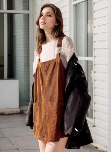 Womens Corduroy Overalls Dress Casual Adjustable Straps Pinafore Dress Short Skirt with Pockets in Saudi Arabia