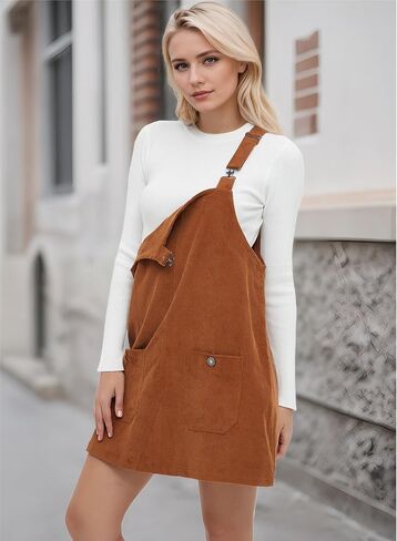 Womens Corduroy Overalls Dress Casual Adjustable Straps Pinafore Dress Short Skirt with Pockets in Saudi Arabia