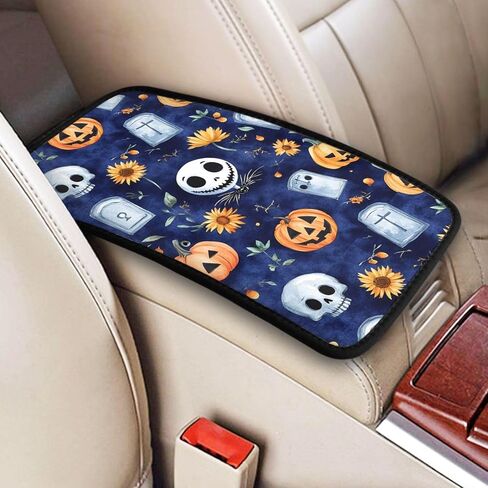 Skull Skellington Halloween Pumpkins Sunflowers Car Auto Armrest Cushion Cover Accessories Center Console Seat Box Pad Protector Universal Decoration for Most Vehicle SUV Truck in Kuwait